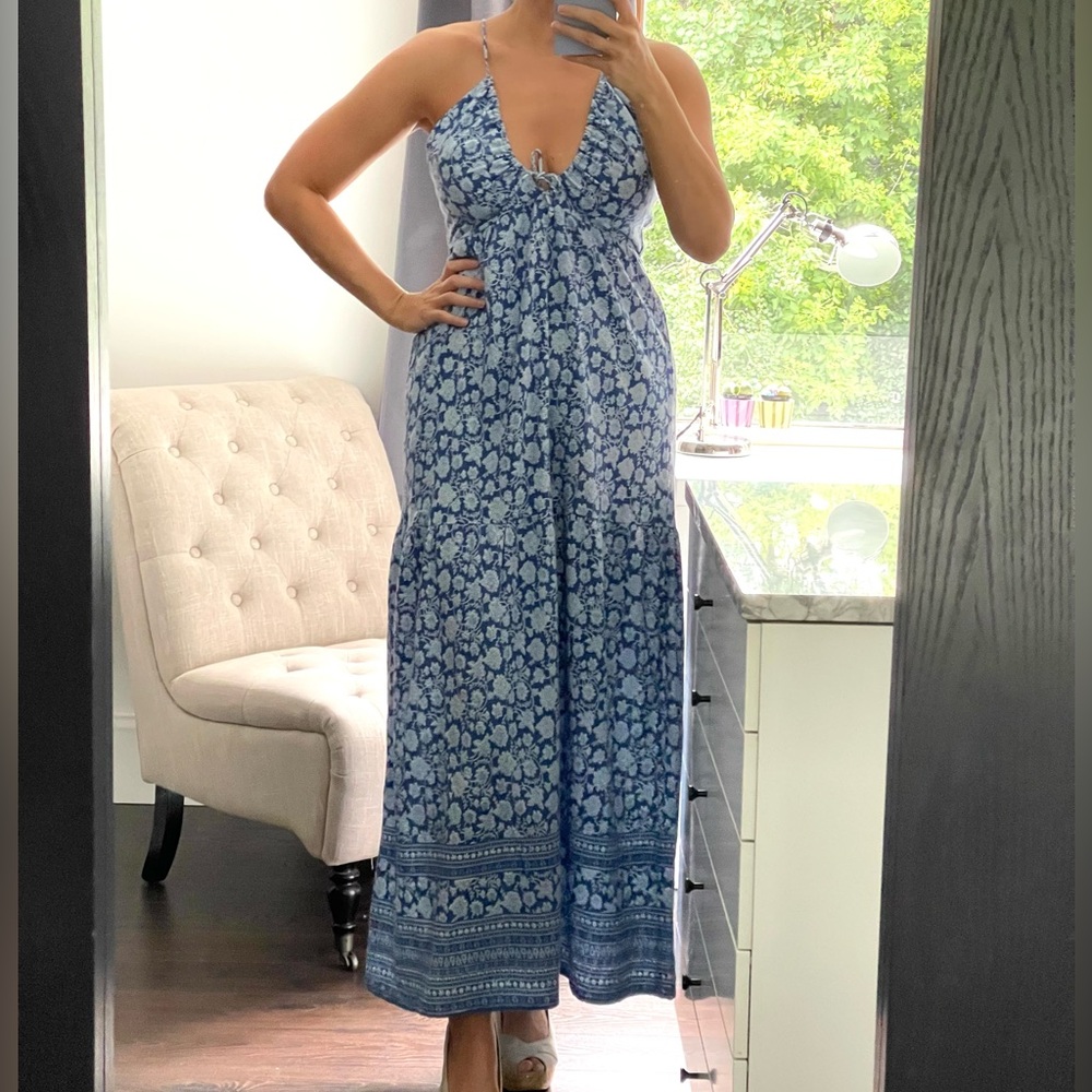 New! Blue Floral Halter Maxi Dress with Thin Straps and Fuller Skirt size L